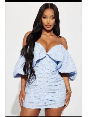 Fashion Nova Light Blue Off-The-Shoulder Ruched Mini Dress